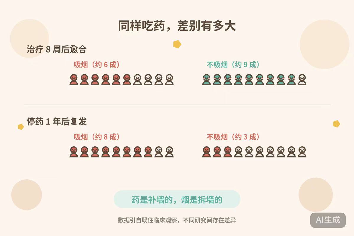 吸烟者与不吸烟者的溃疡愈合率与复发率对比